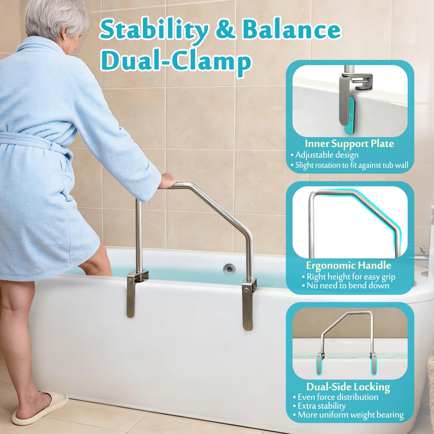 Barra de agarre de seguridad para personas mayores, barra de agarre de seguridad sin taladro, rieles de bañera ajustables para adultos mayores, barra de agarre para ducha, barandilla de bañera para