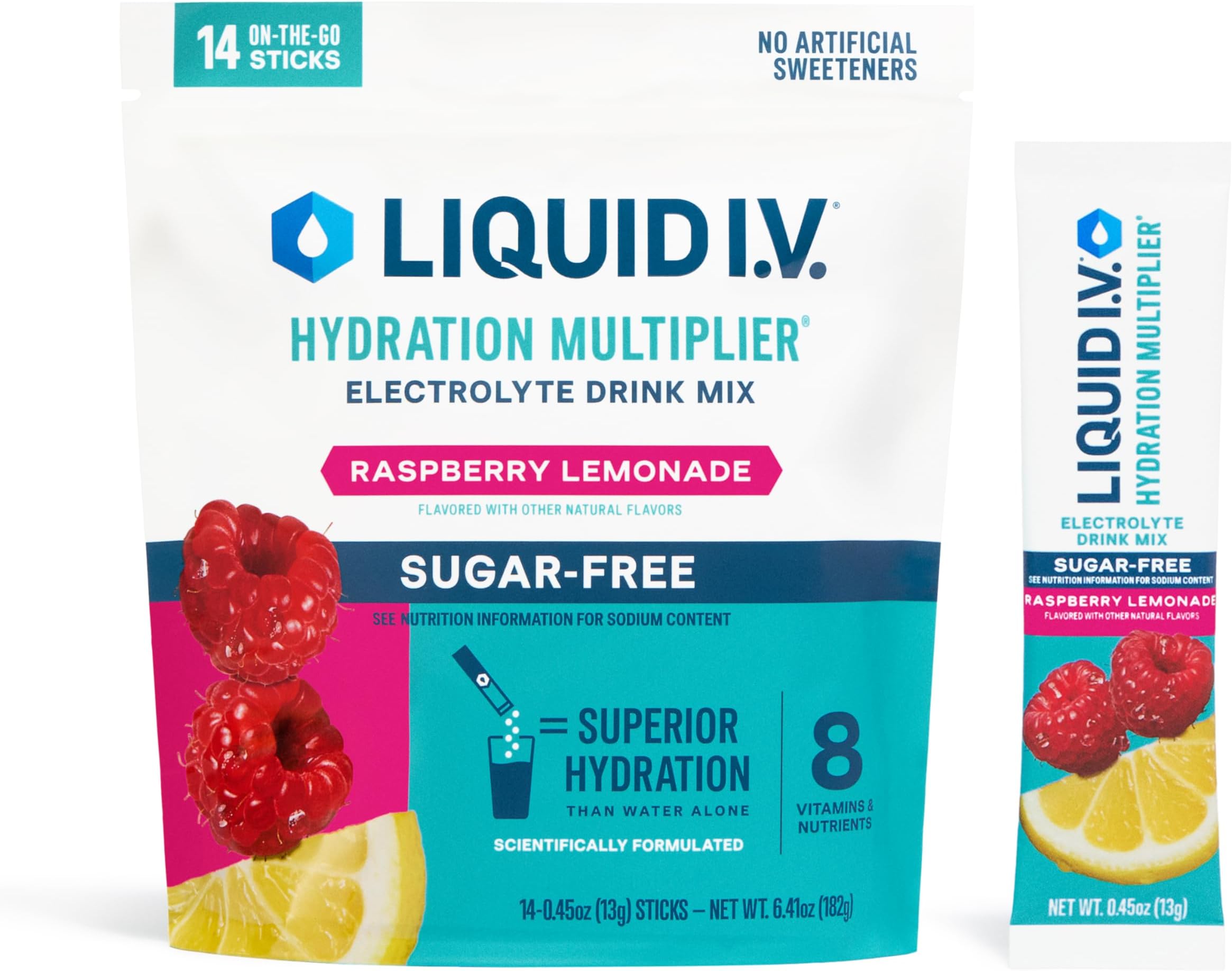 Liquid I.V. Sugar Free Hydration Multiplier - Raspberry Lemonade, Electrolyte Powder Drink Mix, 1 Pack (14 Servings)