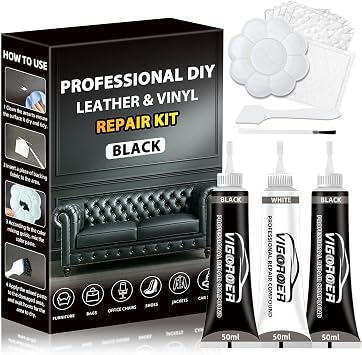 Vigorder Leather Repair Kit for Furniture, Vinyl Repair Kit for Furniture, Sofa, Jacket, Purse Super Easy Instructions to Fix Scratches, Tears, Holes, and Peeling Black