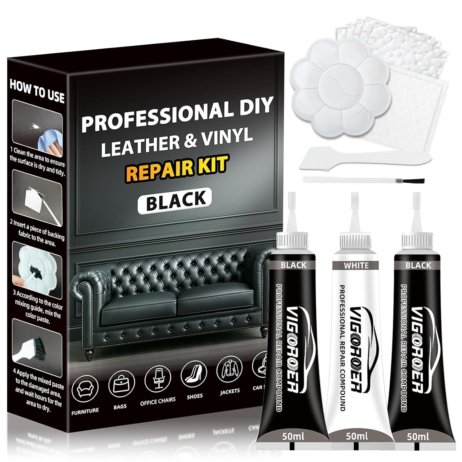 Black Leather Repair Kit Car Interior, Vinyl Repair Kit for Furniture, Sofa, Jacket, Purse – Super Easy Instructions to Fix Scratches, Tears, Holes, and Peeling