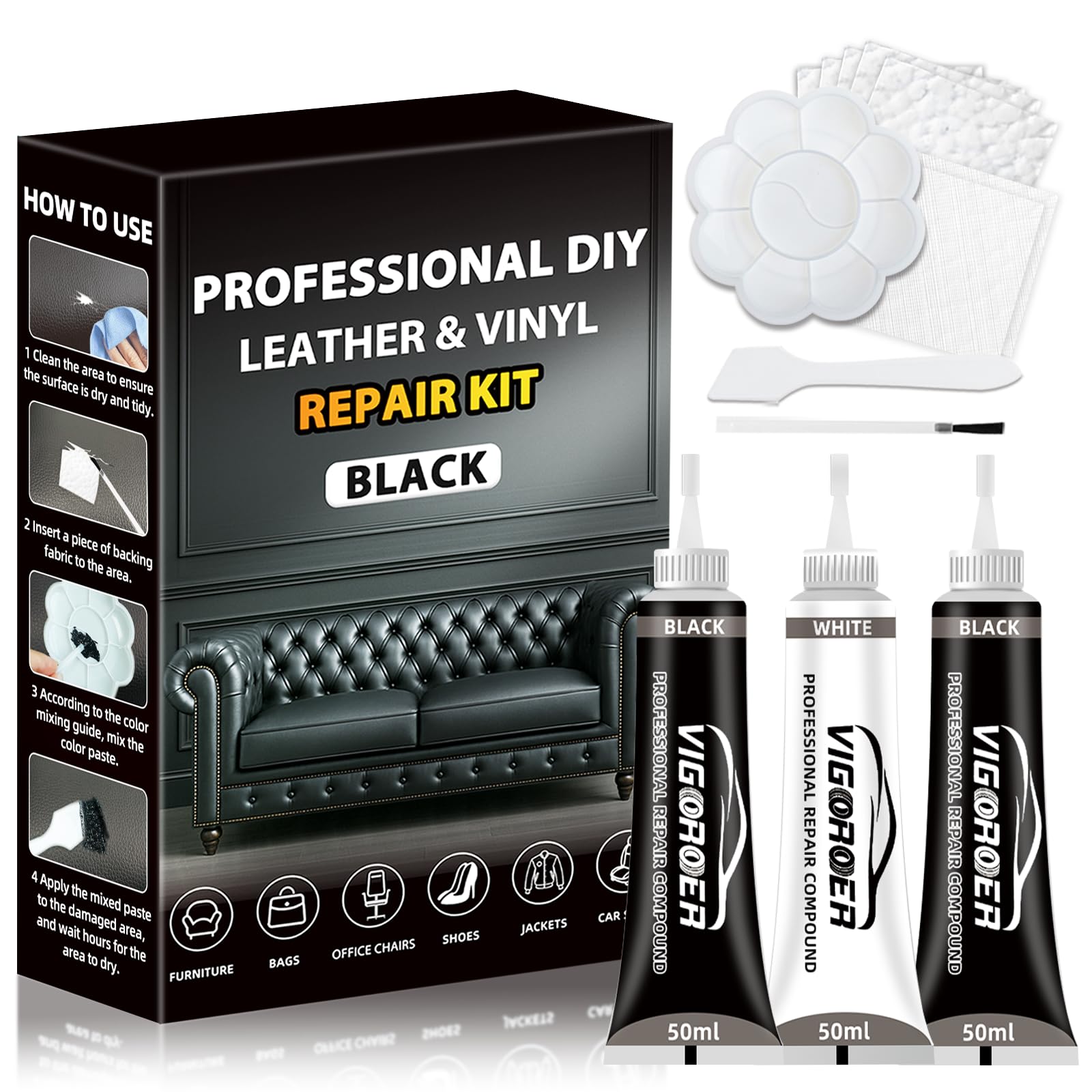 Black Leather Repair Kit Car Interior, Vinyl Repair Kit for Furniture, Sofa, Jacket, Purse – Super Easy Instructions to Fix Scratches, Tears, Holes, and Peeling