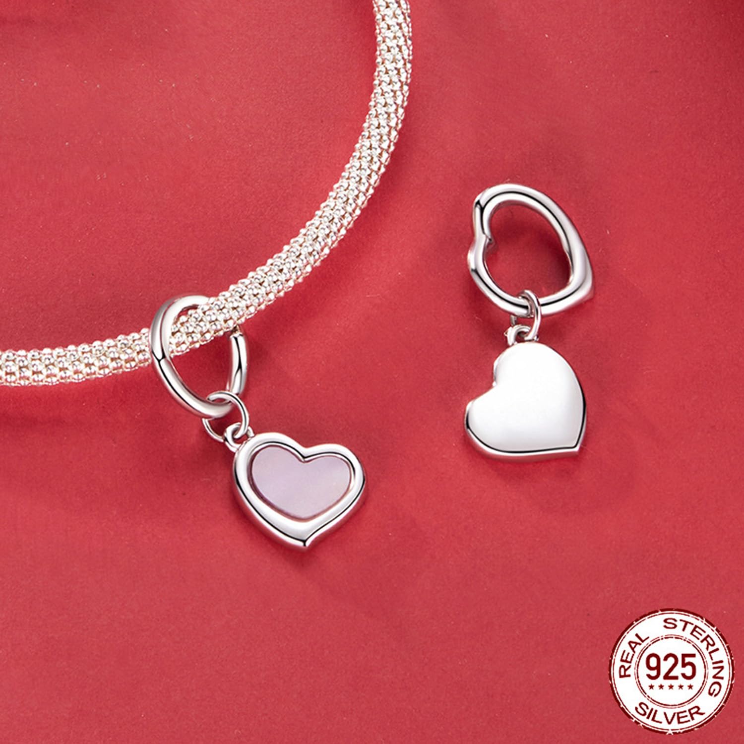 Genérico Dije de corazón de concha rosa, dijes de doble corazón, cuentas de plata de ley 925 para pulseras y collares europeos