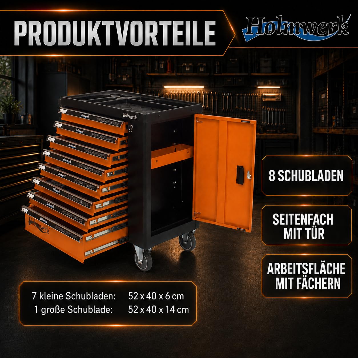 Werkstattwagen leer mit 8 Schubladen und Seitentür, Werkzeugwagen Montagewagen abschließbar mit Vollauszug, ABS-Ablage, 125 mm Rollen, Stahl, Orange Schwarz, für Werkstatt Garage Kfz