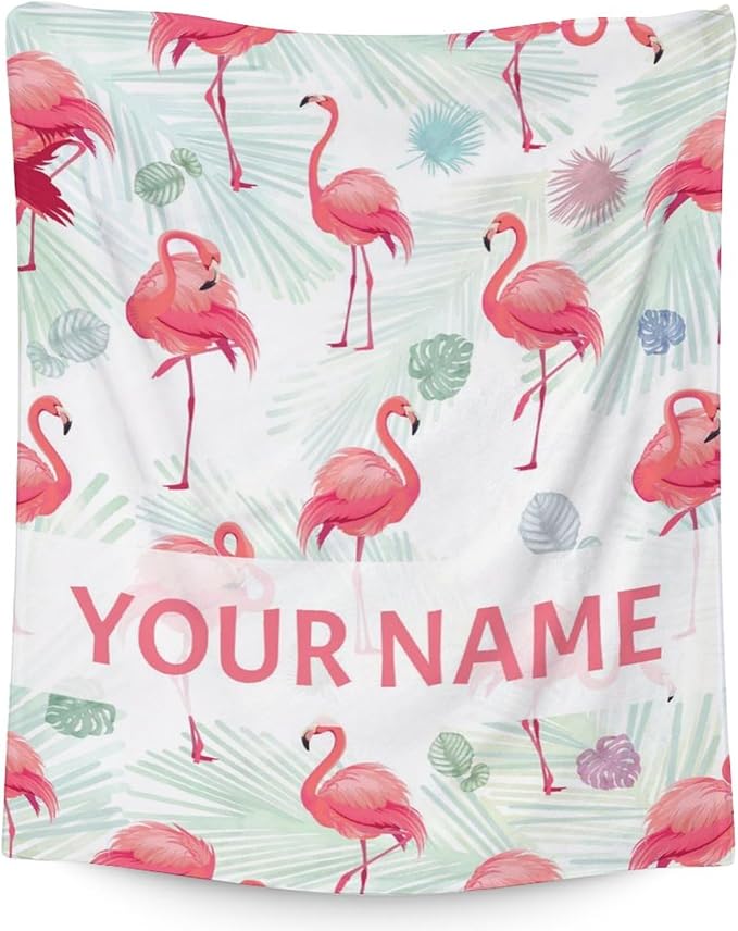Personalized Flamingo Blanket Gifts with Name - 60x80 Inches Cute Throw for Women & Girls - Pink Soft Fuzzy Blankets for Bed, Couch & Living Room