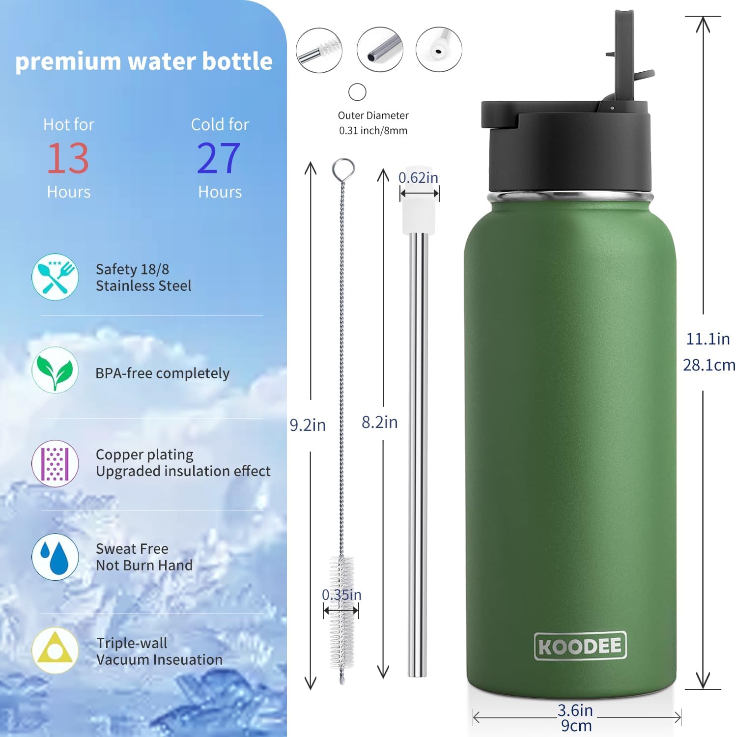 Koodee 32 oz Water Bottle with Wide Handle Straw Lid, Vacuum Insulated 18/8 Stainless Steel Wide Mouth Flask (Grass Green) - Image 2