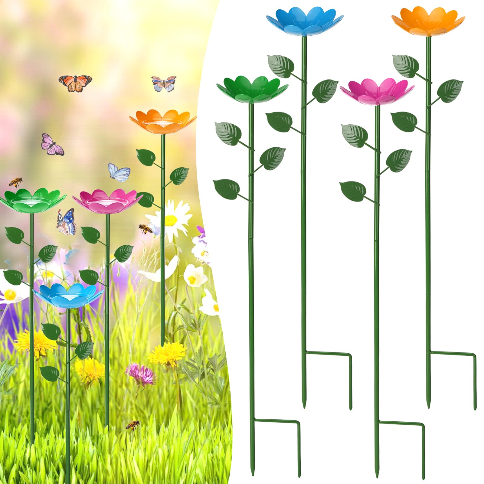 UTMHGU 4 Pack Adjustable Bee Cups for Garden, Metal Flower Shaped Bee Watering Station, Colorful Garden Stakes Decorative for Bees Butterflies & Pollinators, Outdoor Bee Bath for Thirsty Bees