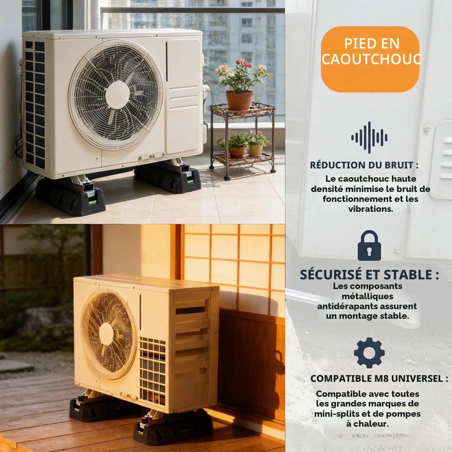 Console de sol pour climatiseur et pompe à chaleur avec niveau à bulle, cadre anti-vibrations 600 mm, charge maximale 400 kg, amortissement en caoutchouc résistant aux UV, amortisseur de vibrations