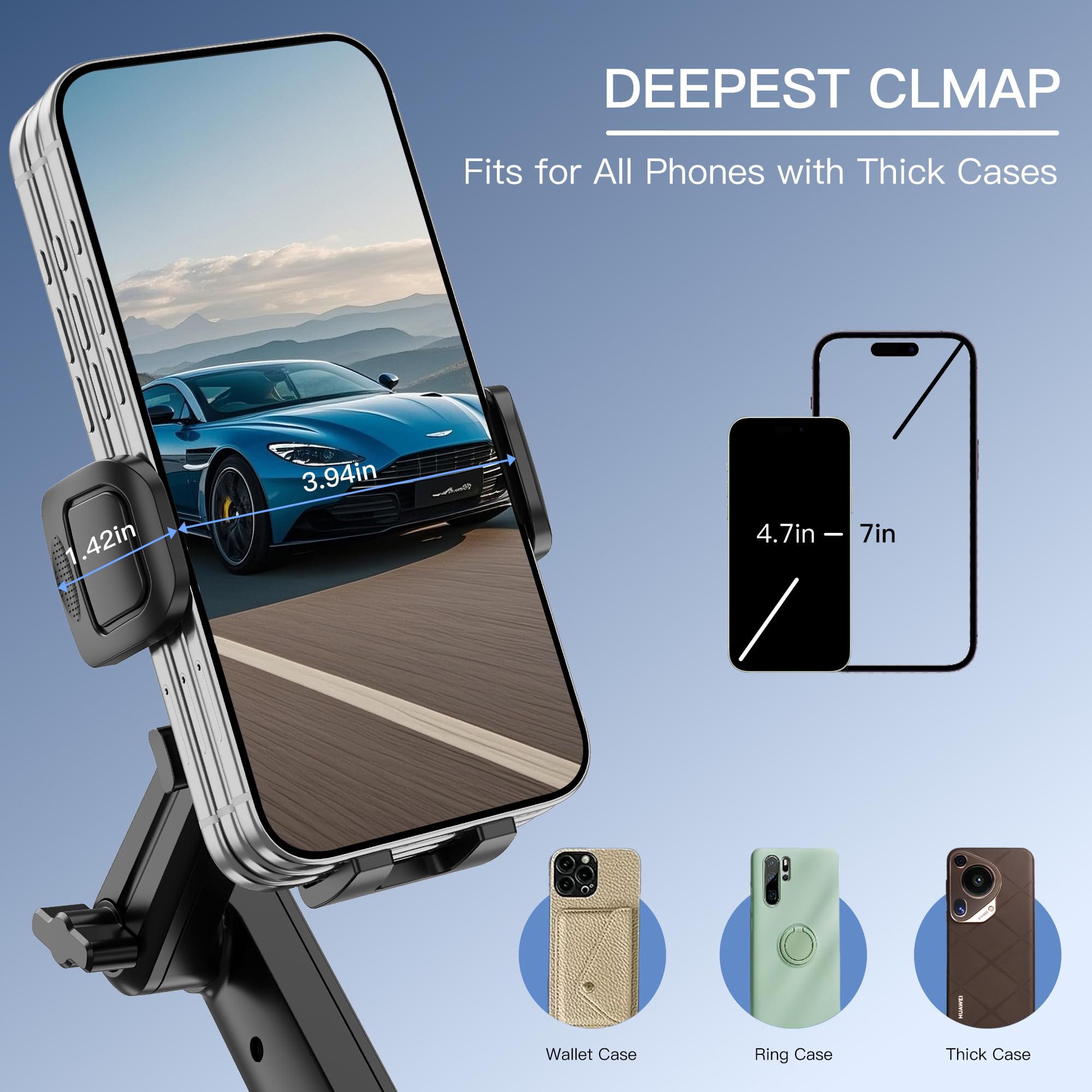 Supporto per telefono con portabicchieri, espansore per telefono da 52,1 cm, altezza regolabile, braccio lungo con rotazione a 360°, per auto, adatto a tutti gli smartphone da 4 a 7 pollici