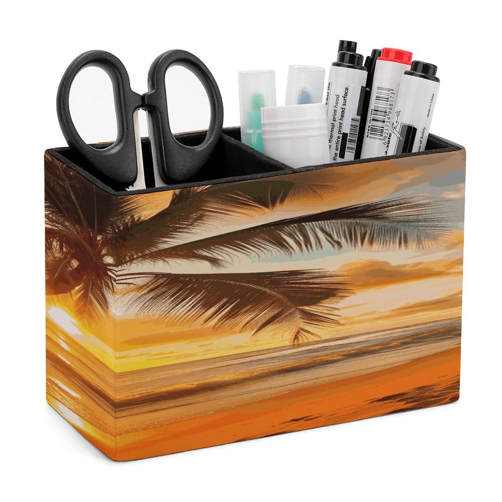 VstaDank Tropical Beach Palm Tree Sunset Pencil Holder for Desk(Double Slots) Fashion Leather Pencil Cup Simple Rectangular Shape Pen Holder Multi-Functional Pen Cup for Home Office Supplies Storage