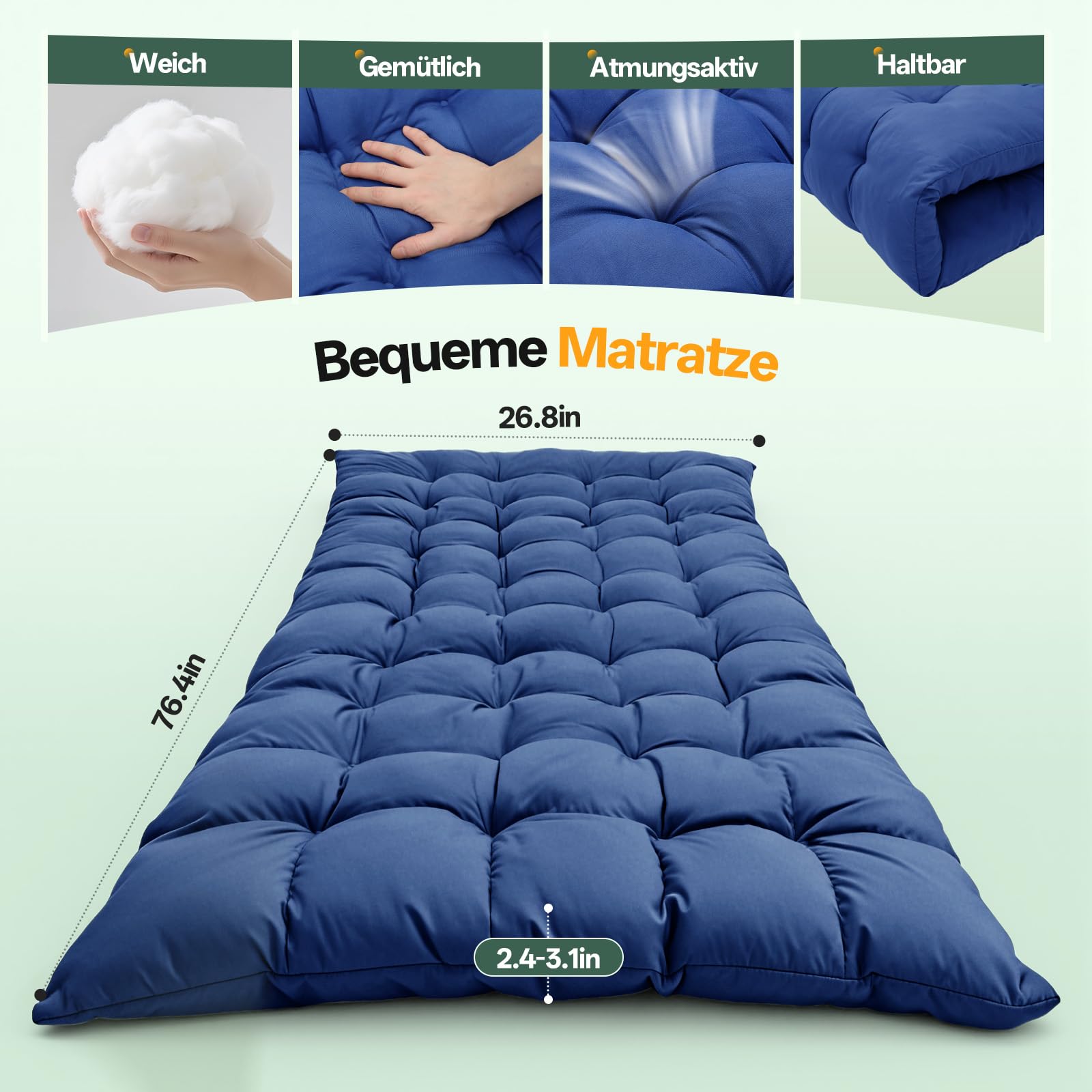 Warmiehomy Übergroße Campingbett, Sonnenliege mit Matratze & Kissen bis 200 kg, 4-Fach verstellbare Rückenlehne, Klappbares Bett, Angelstuhl, Campingbett für Garten, Strand, Sonnenbaden, Reisen, Blau