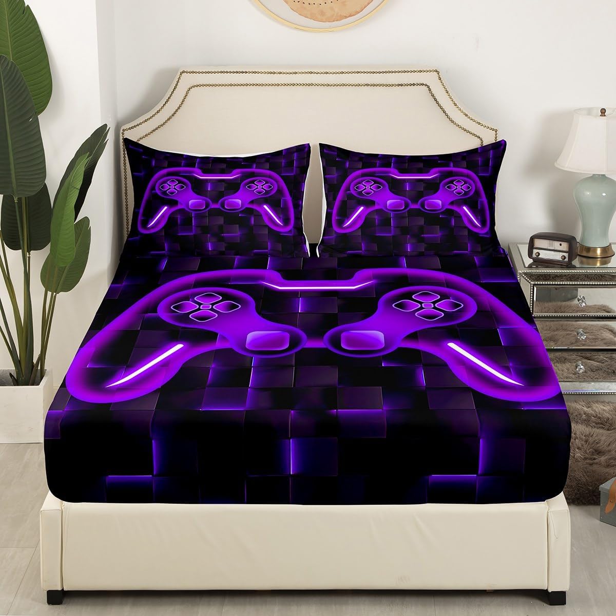 Gaming Boys Bed Sheets Queen for Kids Video Games Fitted Sheet Geometric Honeycomb Bed Set Purple Gamepad Bedding Sets Gaming Action Buttons Beddings