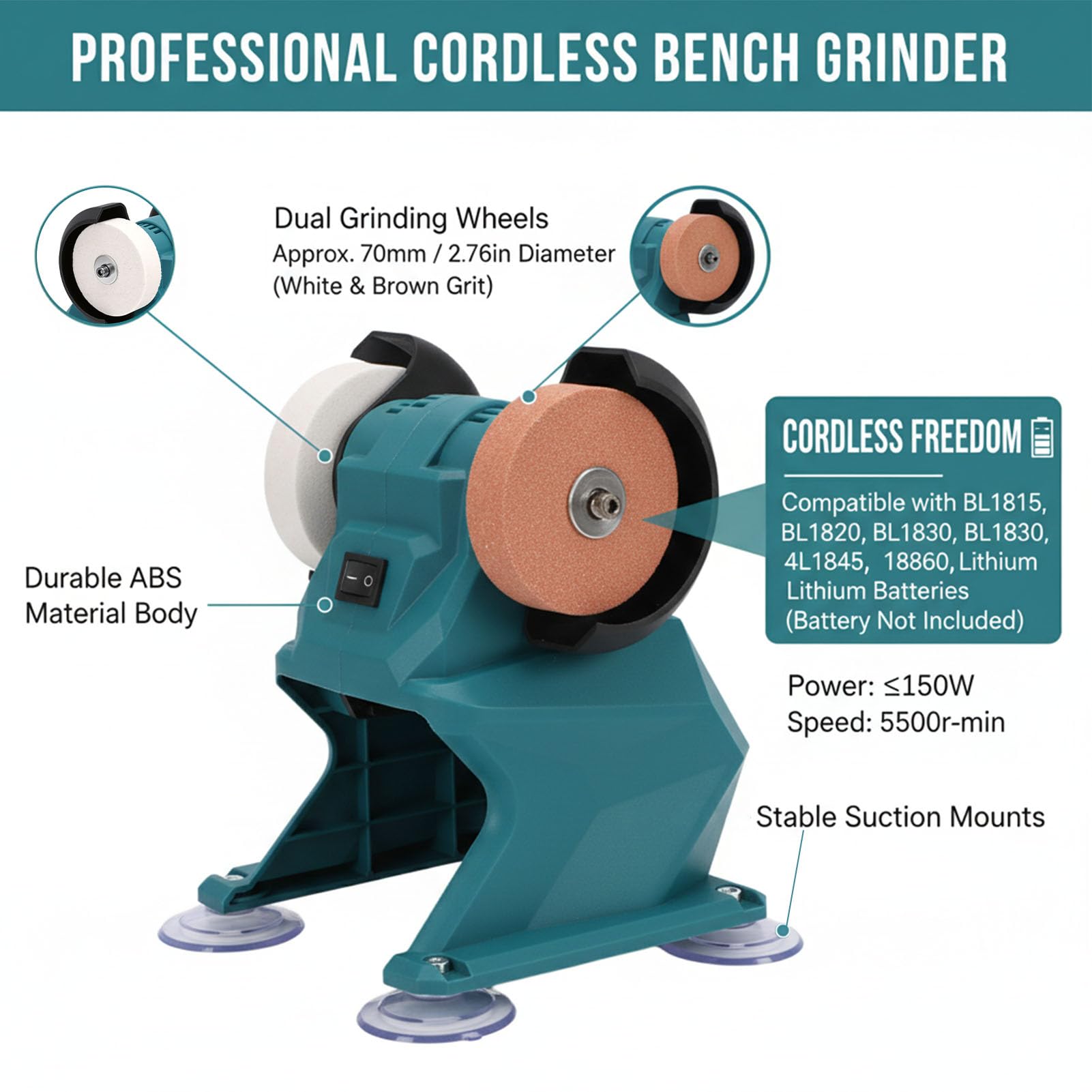 Fockety Amoladora de Banco, Pulidora Eléctrica de 5500 RPM y 150 W con Ruedas de Corindón Marrón Grueso y Fino Protector de Metal, para Afilar Metal, Carpintería, Pulido de Joyas