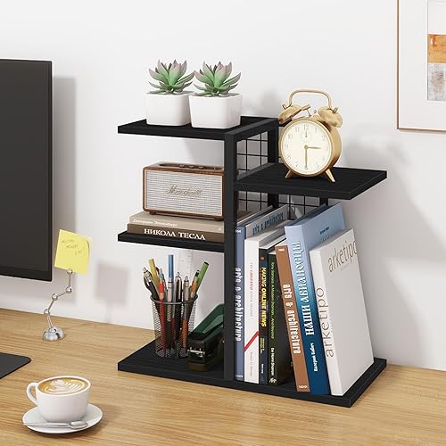 Miniatura 5 de ELITEROO Estantería de escritorio, estante organizador de escritorio de madera de 4 niveles, estante de almacenamiento de mesa para suministros de