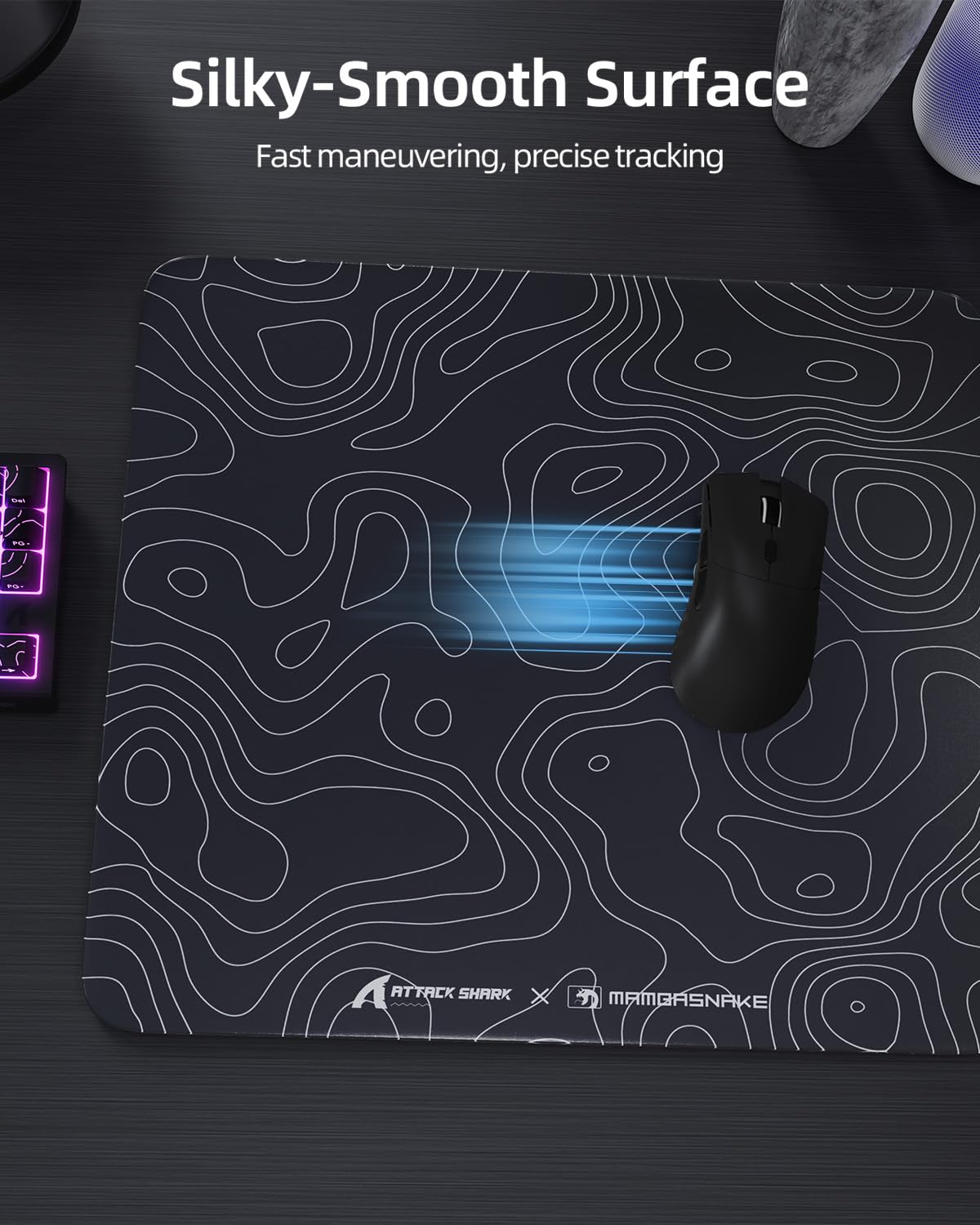 MAMBASNAKE x ATTACK SHARK CM05 Contour Glass Hard Gaming Mousepad,Nano-Micro-Etched Texture,Smooth Glass Surface,High Accuracy,Fast-Moving,Anti-Scratch, PU Leather Non-Slip Base, Large Size(450×400mm)