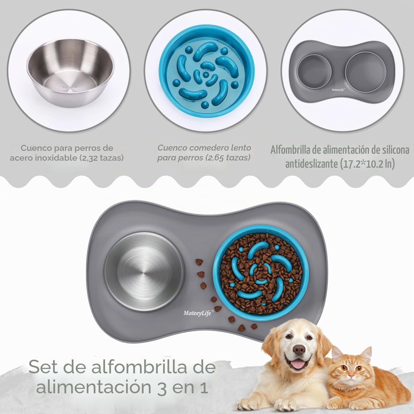 MateeyLife Juego de Boles para Perro 3 en 1, Comedero Antivoracidad Perro y Bebedero de Acero Inoxidable con Alfombrilla Antideslizante de Silicona, Cuencos para Perros de Todas Las Razas 43.7×25.9 cm