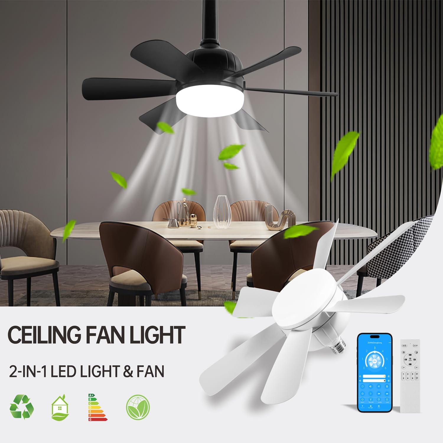Socket Fan LED Ceiling Lights,18inch APP Control E26 Fans Bulb with Remote & Dimmable LED Ceiling Fan Lights,3Color 3000K-6500K,1800LM Fan Light Bulb Screw in Ceiling (Black-2Pack)