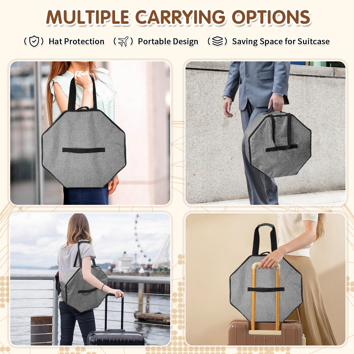 Scatola per cappelli da viaggio e conservazione, impilabile, pieghevole, per donne e uomini, con manico, risparmia spazio, viaggi con cartoncino armadio, grigio