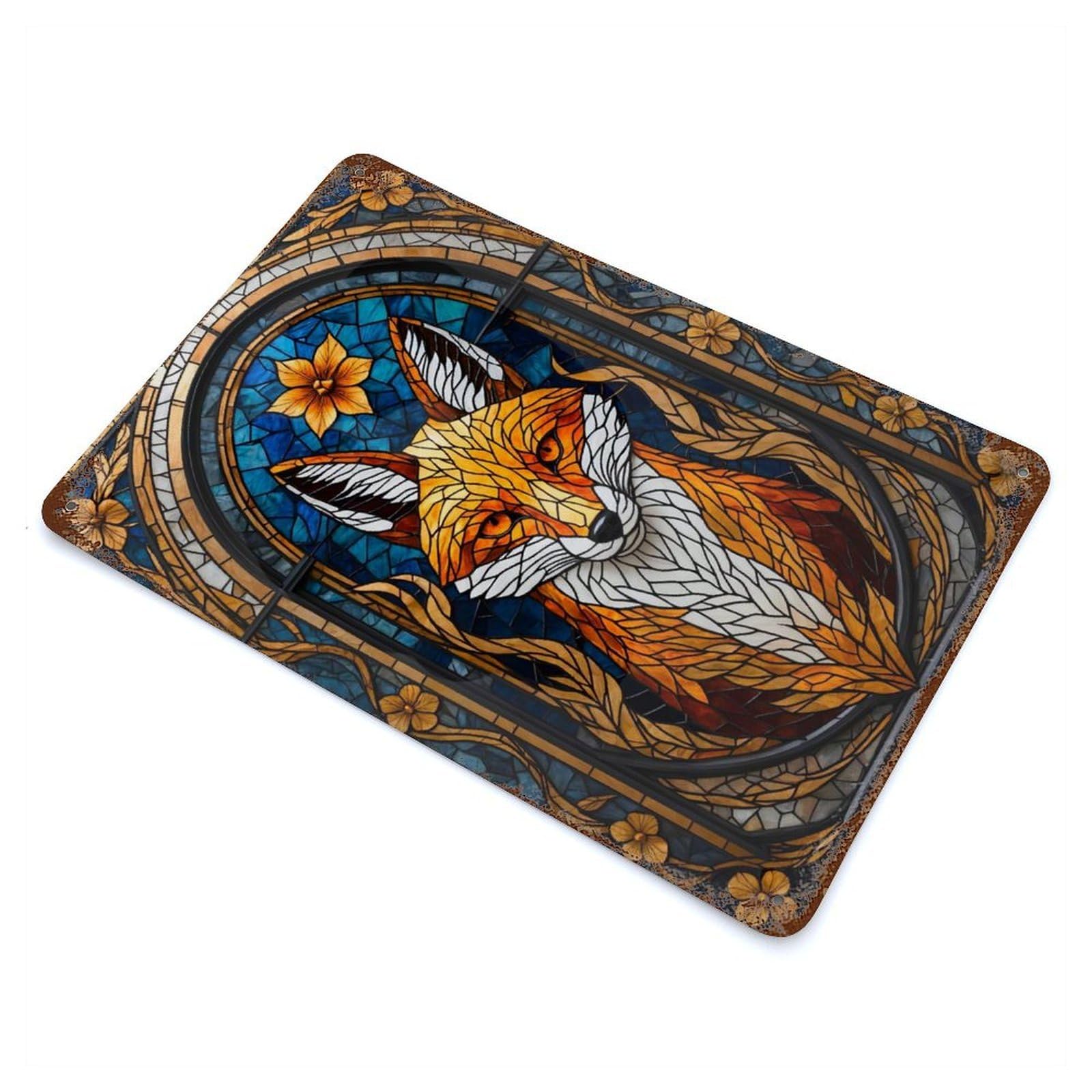 Rust Effect Kitsune Stained Glass Fox Rusty Metal Tin Sign 11.8"x7.9", Farmhouse Wall Decor for Shed, Workshop And Garage Wall Decor