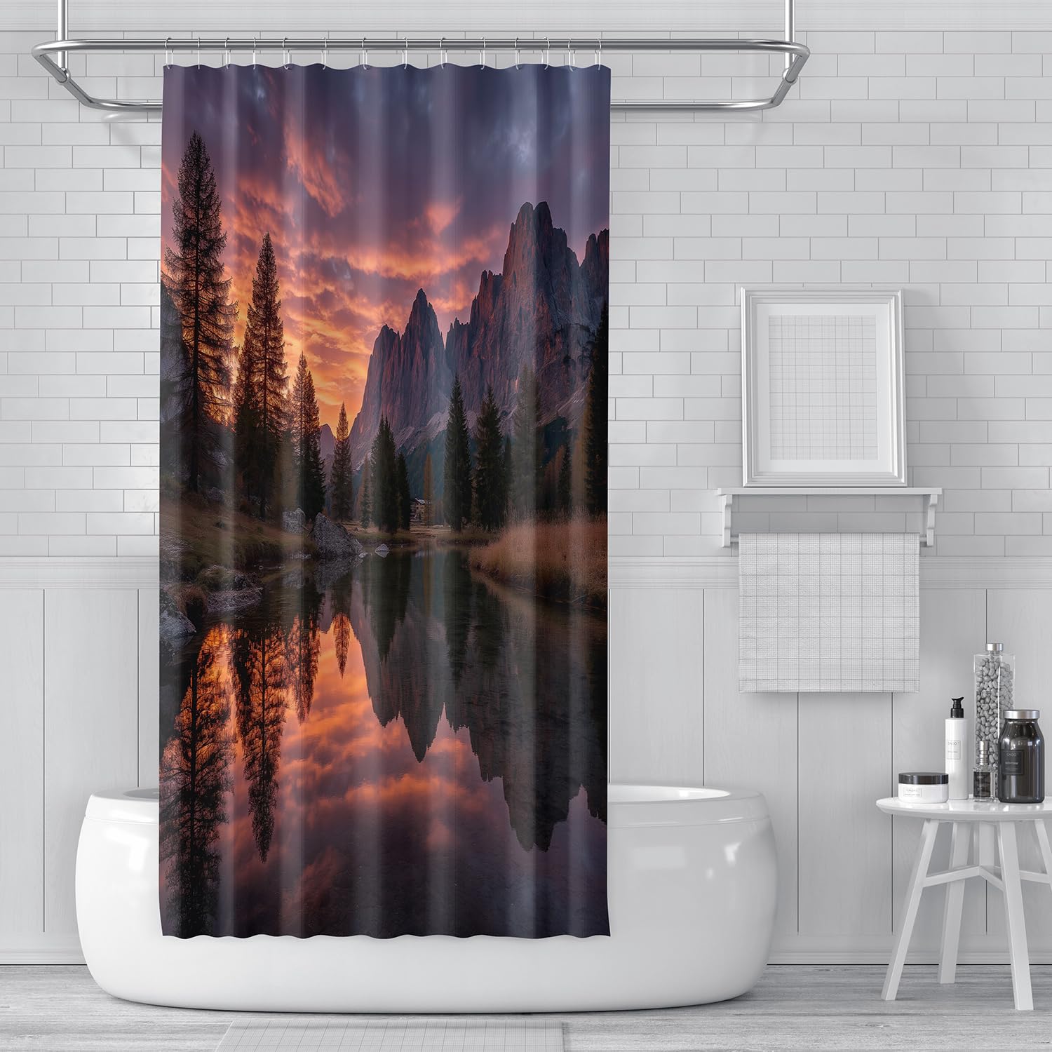 Cortina de Ducha con Diseño de Atardecer en La Montaña para Baño,con Montañas y Pinos Reflejados en el Agua,con Ganchos de Plástico,Lavable a Máquina y Secado Rápido,240Anx200Alcm (1 Panel).