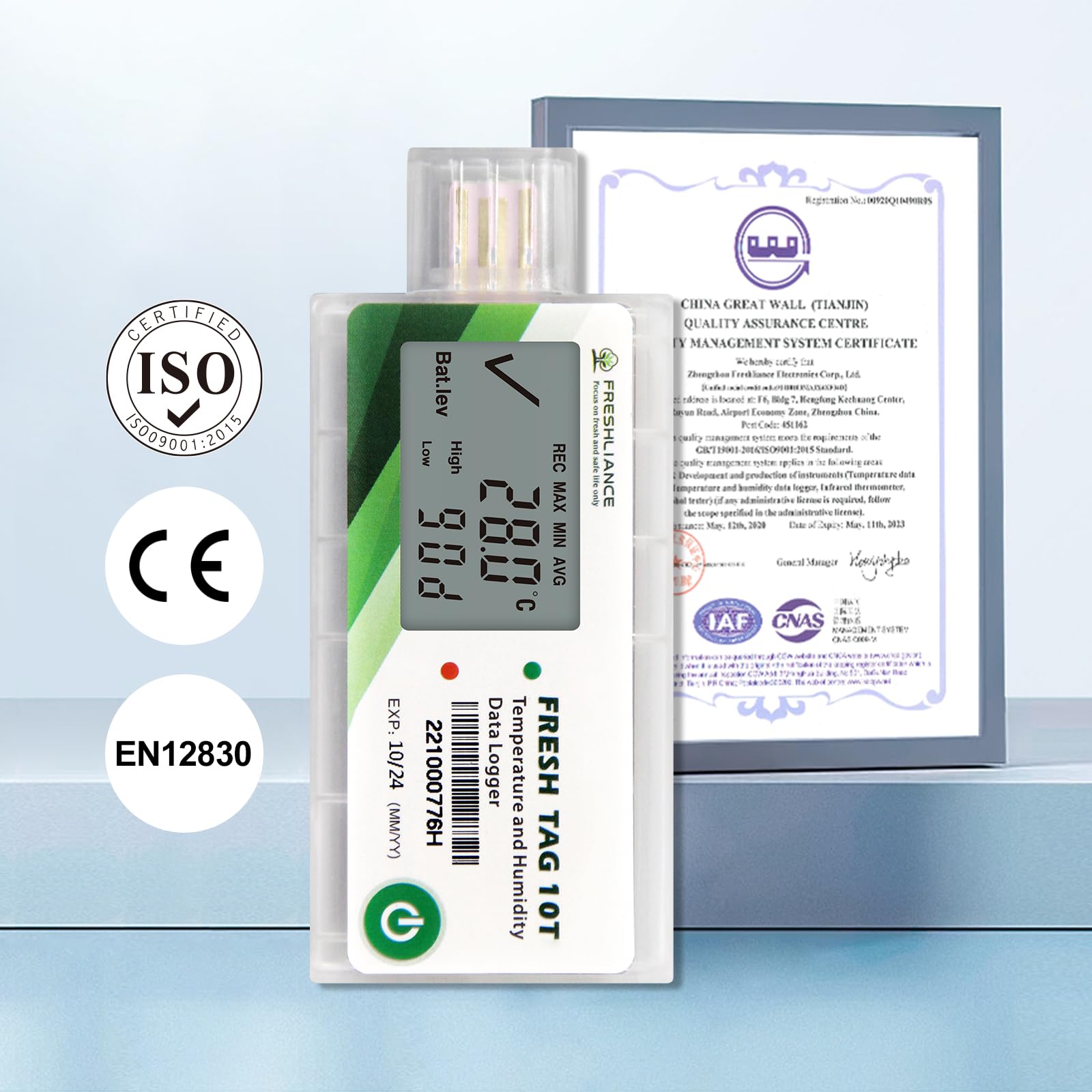 Freshliance - Registrador de datos de temperatura LCD, grabadora de temperatura USB de un solo uso con informe PDF o CSV, 65000 lecturas de -30.0 °C ~ 70.0 °C de alta precisión, 30 días, paquete de 10