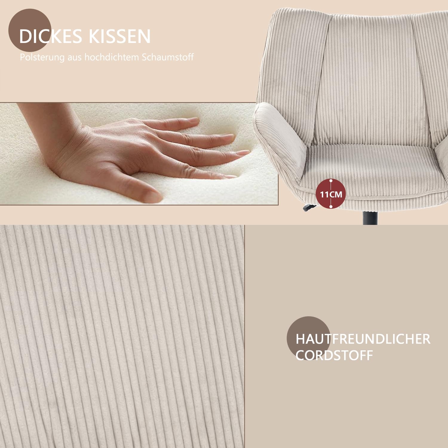 MEUBLE Cosy Sessel Lehnstühle Lounge Einzelsofa mit Armlehnen höhenverstellbar Relaxsessel 360° Drehbar Polsterstuhl für Wohnzimmer Schlafzimmer Vanity, Cordstoff, Taupe