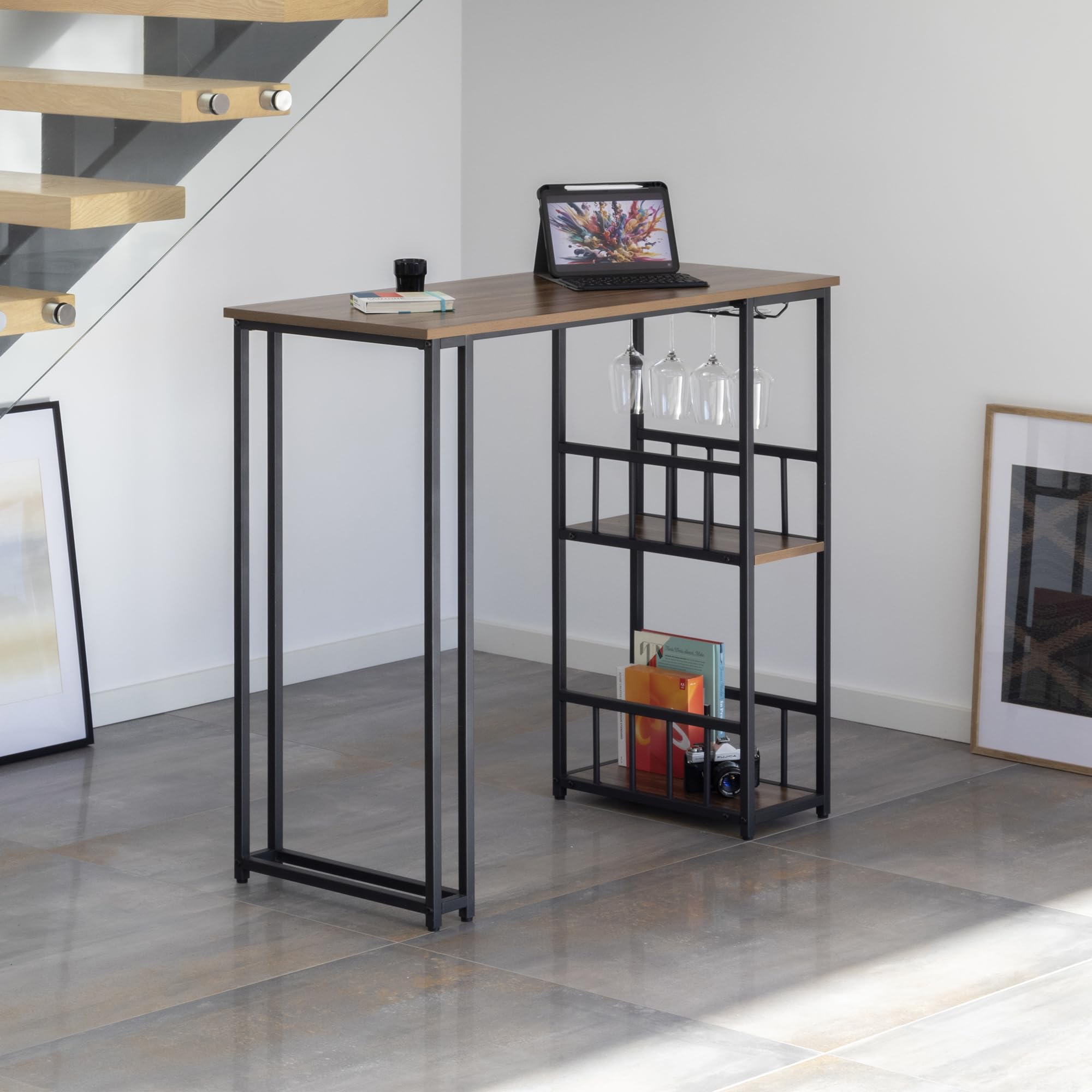 Gavin Mesa de Bar 110x50 cm | 105 cm de Altura | con 2 estantes y portavasos, Estructura de Acero, fácil de Montar, Estilo Industrial, Color Nogal