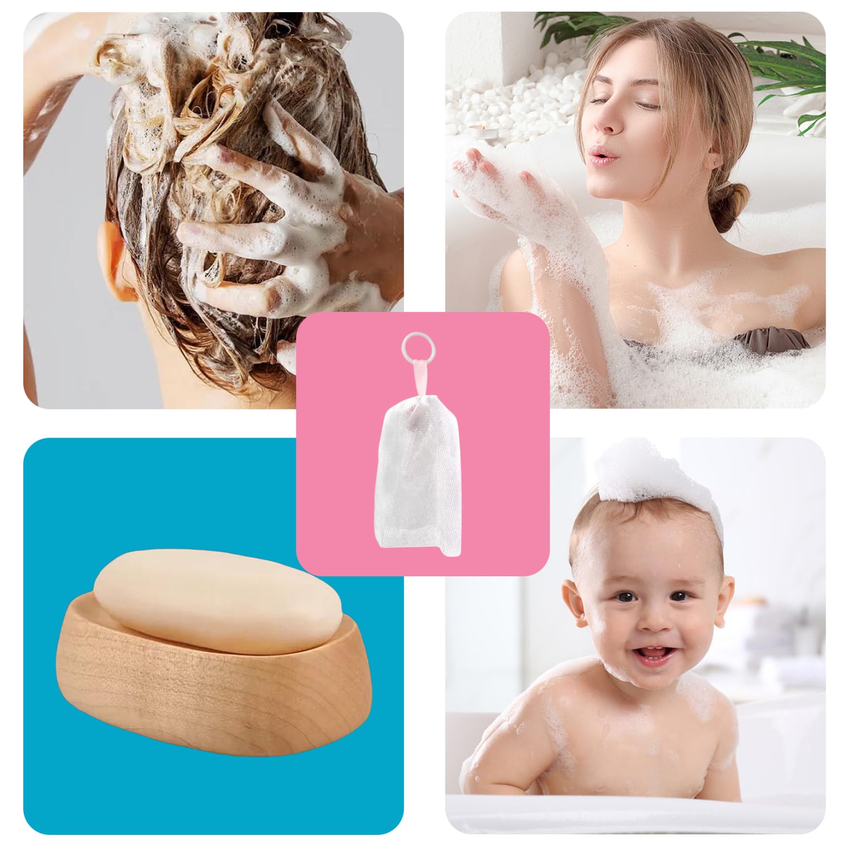 Red de espuma facial, red de espuma de 5 piezas para el lavado de cara, red de jabón suave para la piel con cuerda colgante, red de espuma de limpiador facial, malla exfoliante de espuma de burbujas