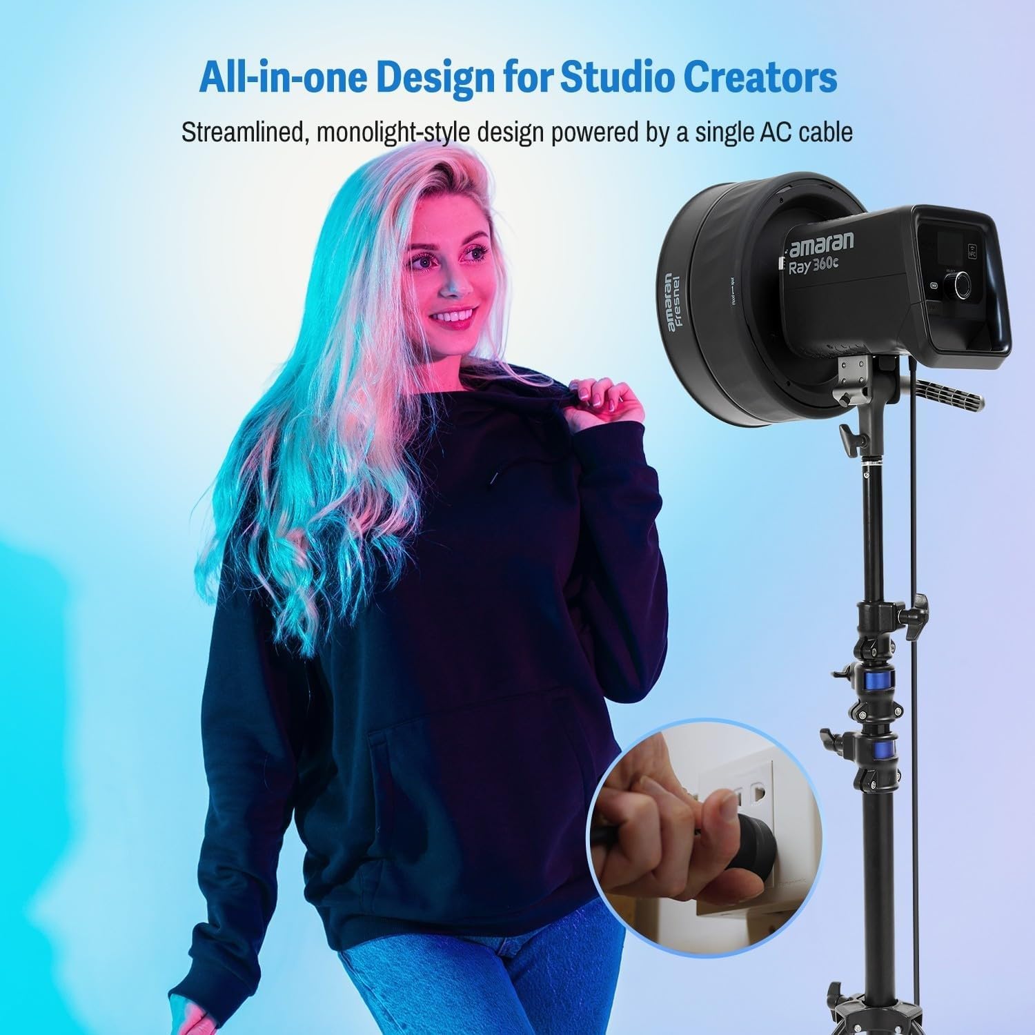 Amaran Ray 360c 360W LED Monolite RGBWW TCC 1800-20000K Contrôle APP/DMX 12 Effets Sortie COB 17130 lux@1m Moteur OmniColor Monture Bowens