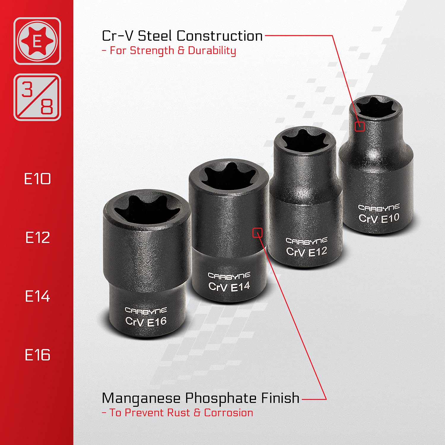 CARBYNE Juego de llaves Torx externas de 13 unidades, E4 a E24 | Acero cromo vanadio, 1/4", 3/8" y 1/2"