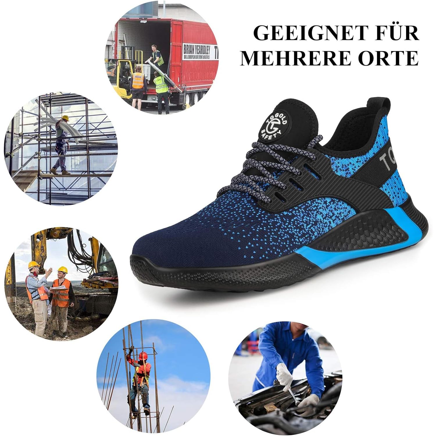 AONETIGER Buty ochronne dla mężczyzn i kobiet, lekkie buty robocze, stalowy nosek, sportowe, oddychające, antypoślizgowe, 8195 niebieski, 42 EU