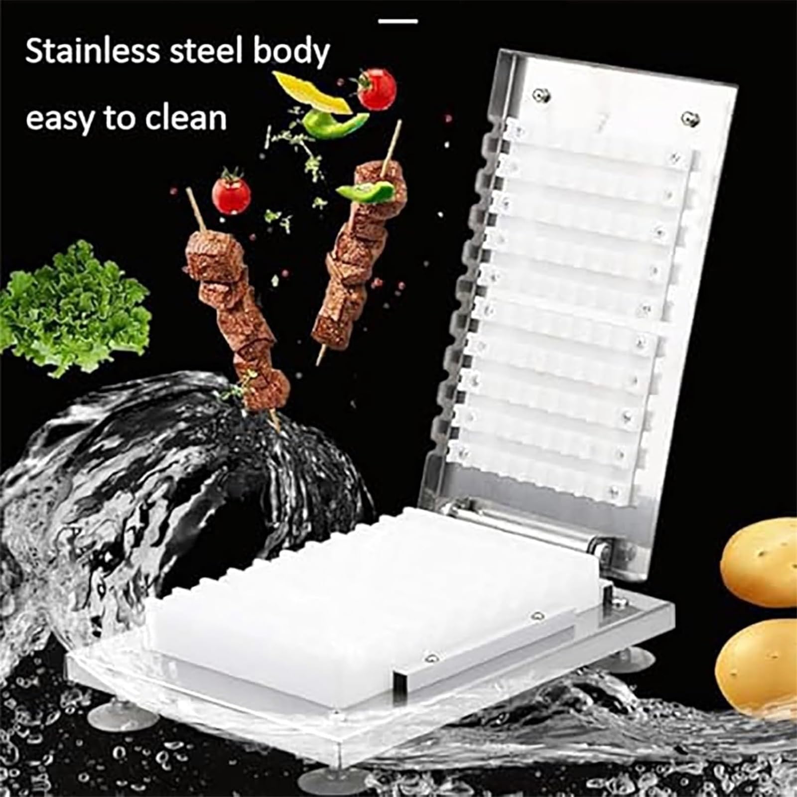 Brocheta manual de acero inoxidable, dispositivo de brochado resistente para carne y frutas, compatible con brochetas de bambú/hierro de hasta 35 cm