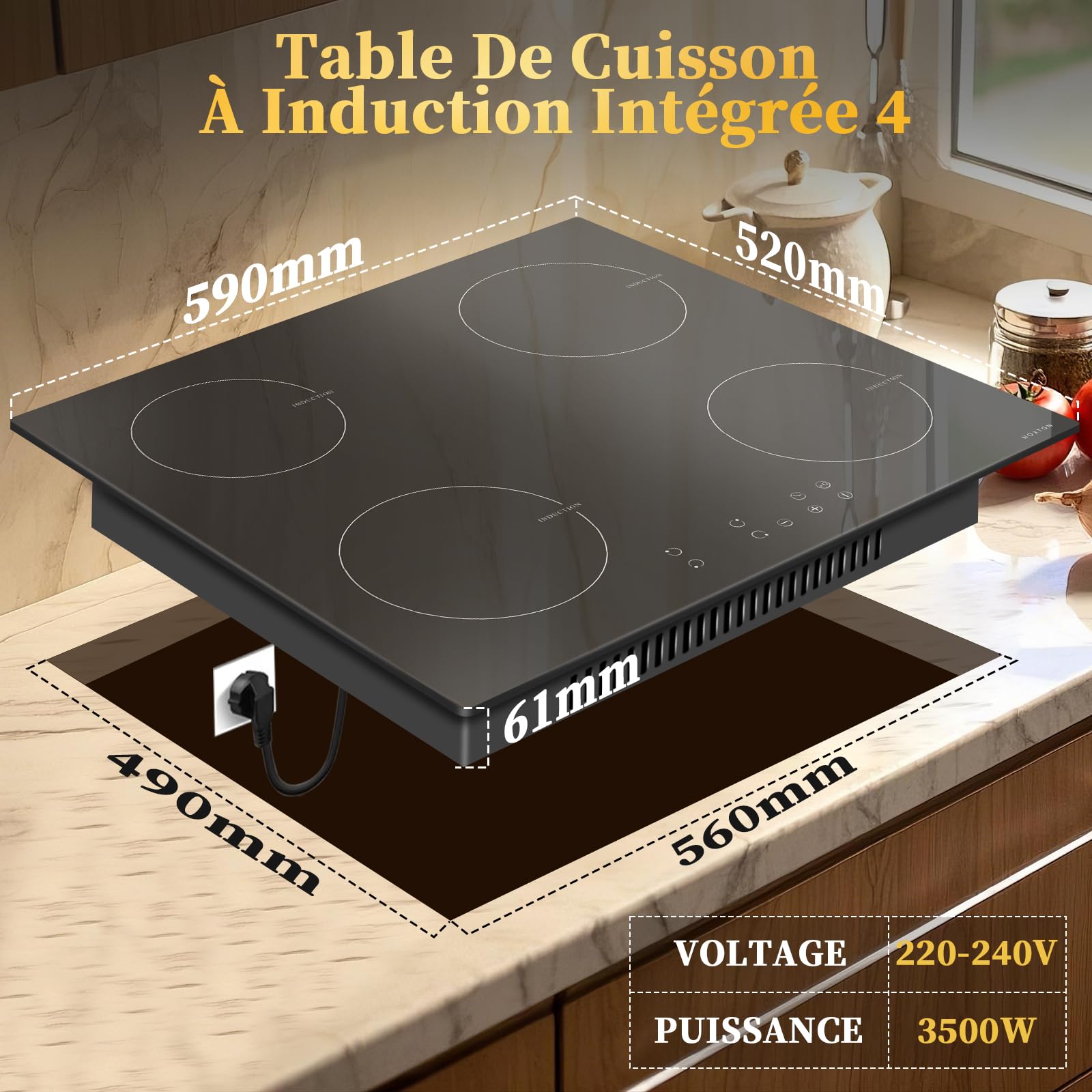 Plaque Induction 4 Feux avec Prise, Plaque de Cuisson Electrique Encastrable, Table de Cuisson Induction 60CM, 6400W Plaque Induction 4 Foyers avec Commande Tactile, Sécurité Enfant, Minuterie