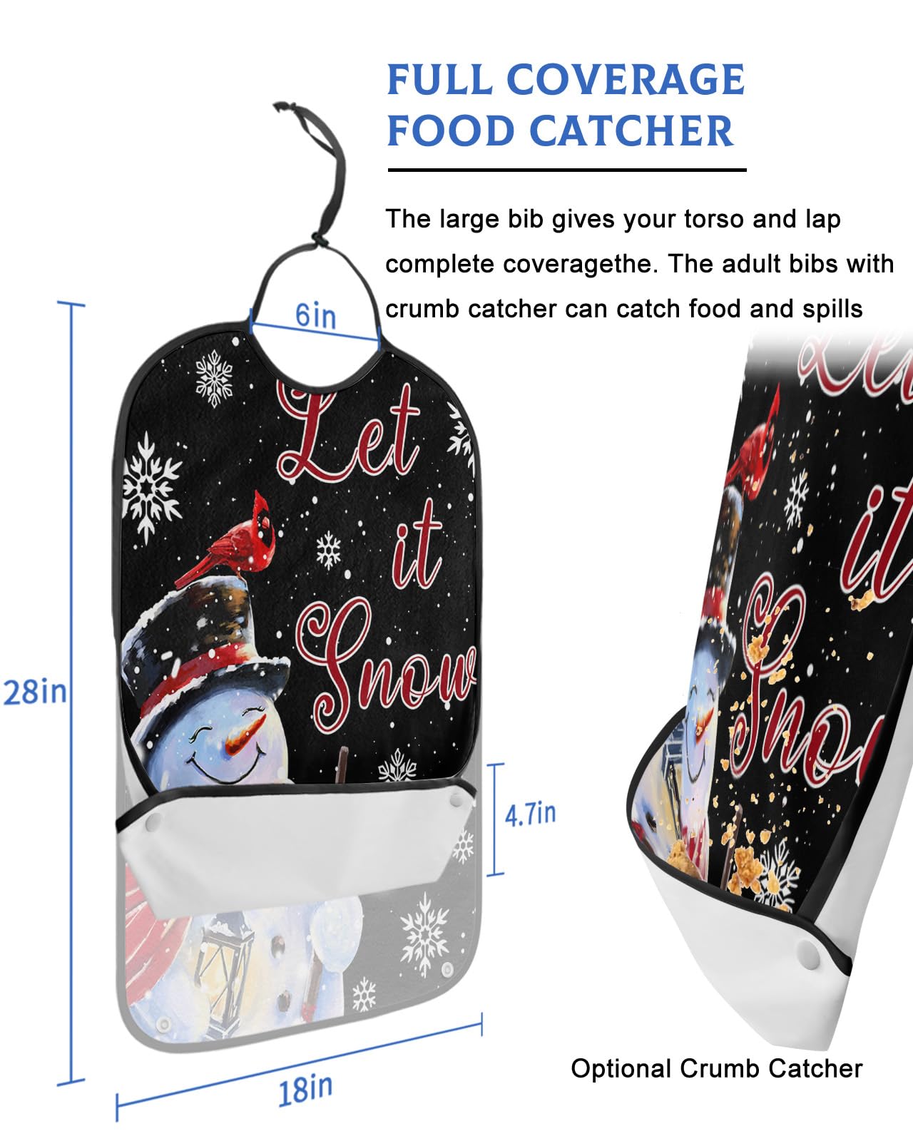 Black Snowman Christmas Adult Bibs for Eating, Waterproof Bibs with Food Catcher & Adjustable Snap Closure, Xmas Birds Winter Snowflake Washable Clothing Protectors Adult Bibs for Elderly Women/Men