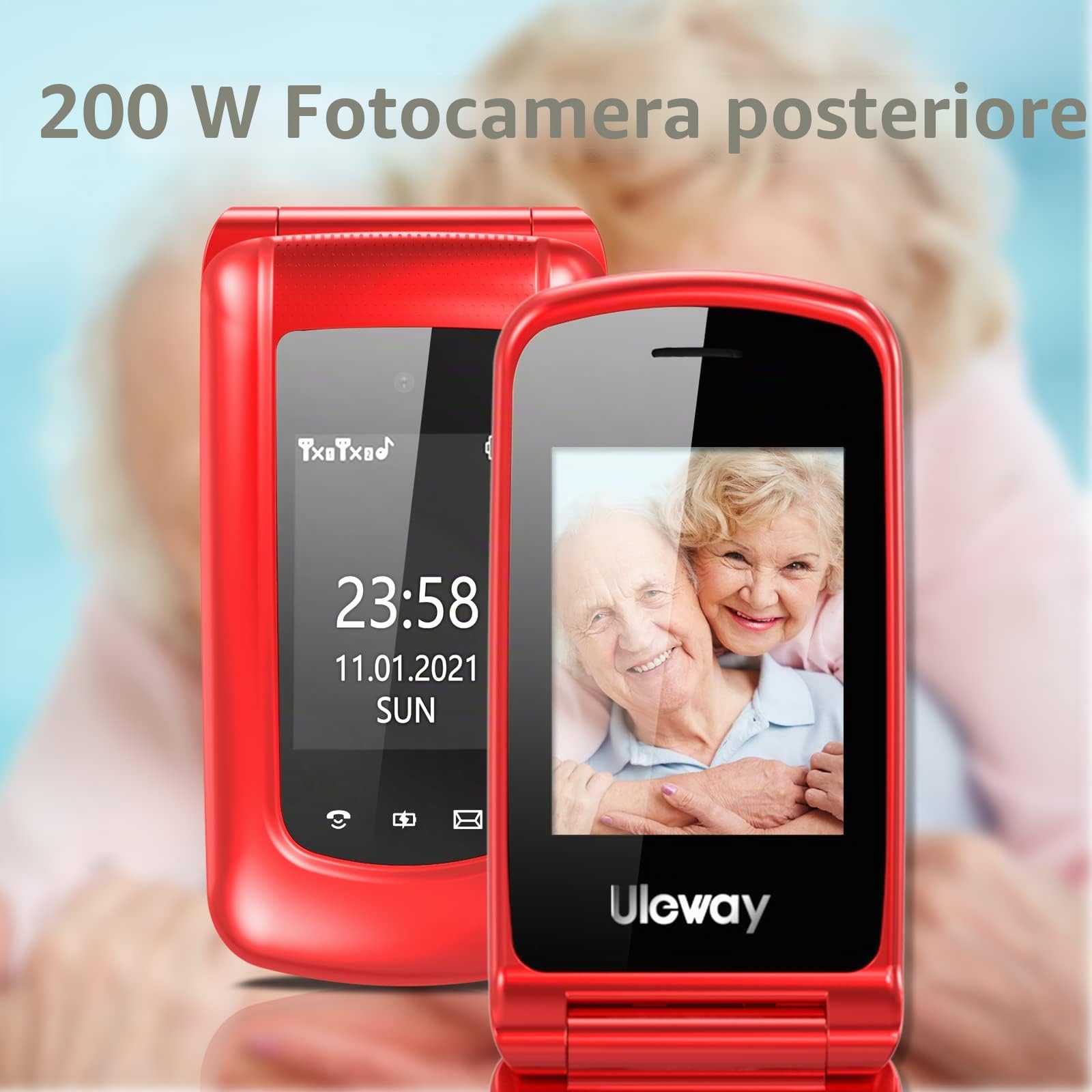 CHAKEYAKE Telefono per anziani senza contratto, cellulare pieghevole con tasti grandi, doppio display 2,4 pollici, pulsante SOS, torcia