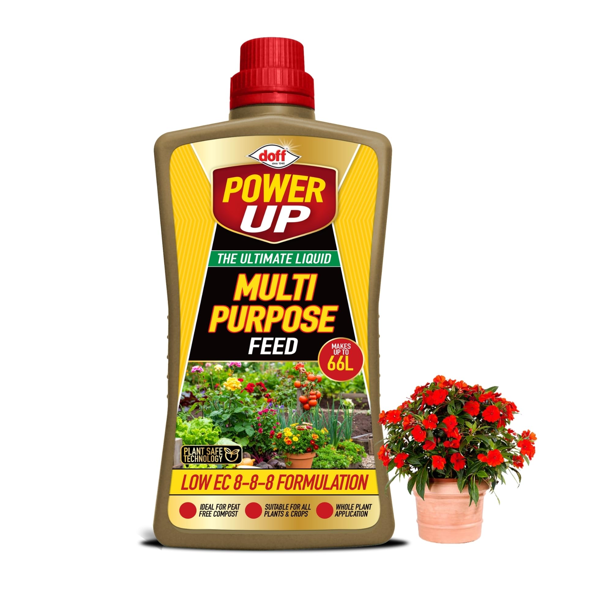Doff Power Up Multi Purpose Feed | All-Purpose Liquid Plant Food | NPK 8-8-8 Balanced Fertiliser | Ideal for Flowers, Fruit, Vegetables & Shrubs | Plant Safe Technology (1000 ml)
