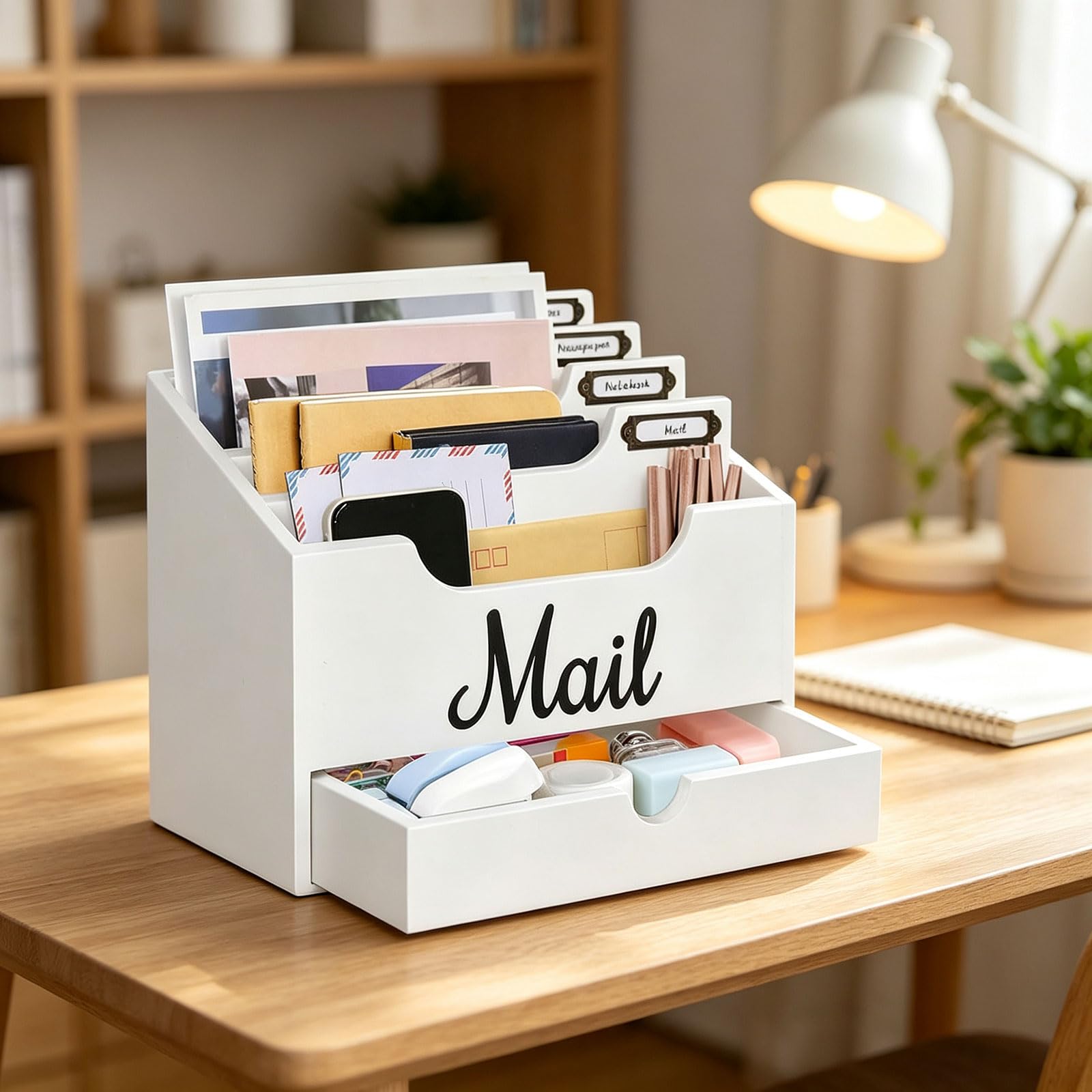 Organizer da scrivania in legno con cassetto, smistatore posta a più livelli per lettere, penne, quaderni, portaoggetti per scrivania per studio in casa Organizer da scrivania in legno smistatore