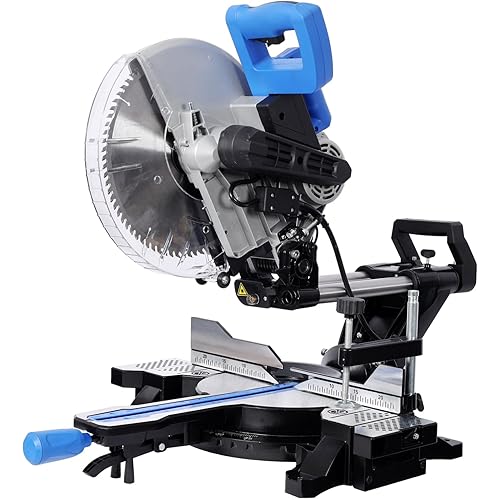 12 Inch Dual Bevel Sliding Compound Miter Saw with Laser Guide, 15 Amp 3800RPM Miter Saw with Extension Table, 80T Blade, 0-45° Bevel Cut, ETL Listed for Plastic Wood Laminates (Black+Blue)