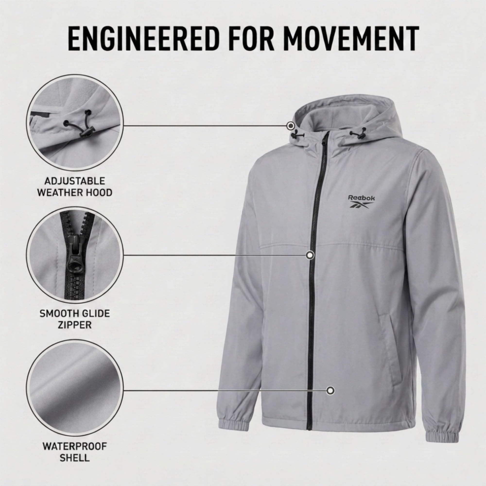 Reebok Chaqueta impermeable para hombre con capucha, cortavientos para hombre, ligera e impermeable