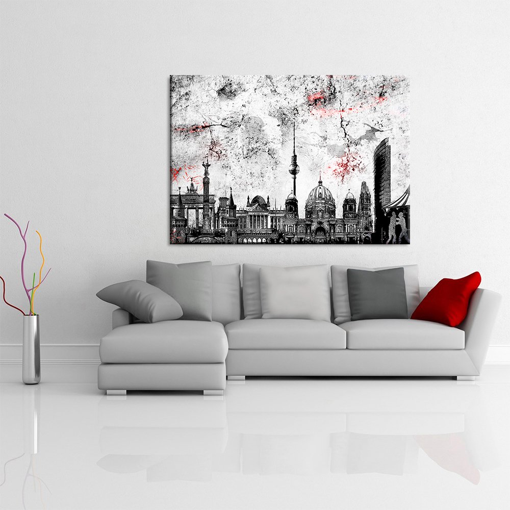 Wandbild 100 x 70 cm Stadt Wandbild Berlin Bild auf Leinwand mit Rahmen XXL Leinwandbild Skyline Kunstdruck Bär Silhouette Abstrakt o101-5