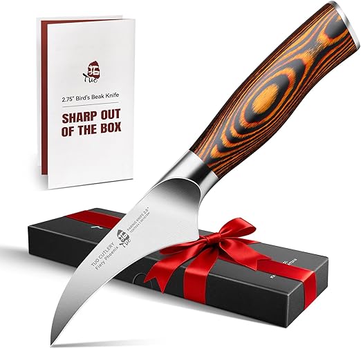 TUO Bird Beak Paring Knife, 2.5 inch Handy Peeling Knife, Curved Small Blade for Fruit & Vegetable, German Stainless Steel, Ergonomic Pakkawood Handle - Fiery Series