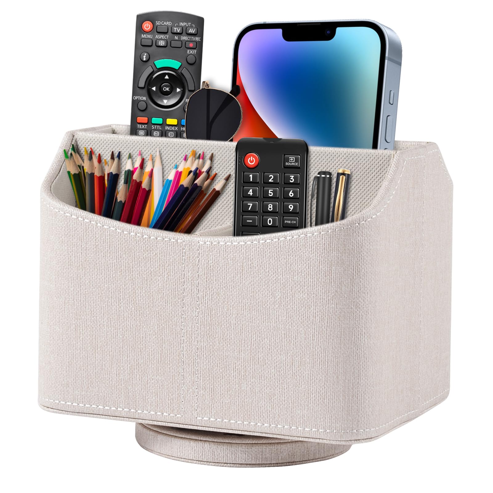 XNONE Pu Leather Remote Control Holder with 5 Compartments,360 Degrees Rotatable Desktop Supply Organizer for Pen,TV Control,Phone,Mini IPad Notebook,Eyeglasses,Makeup Brush Storage Box (Beige)