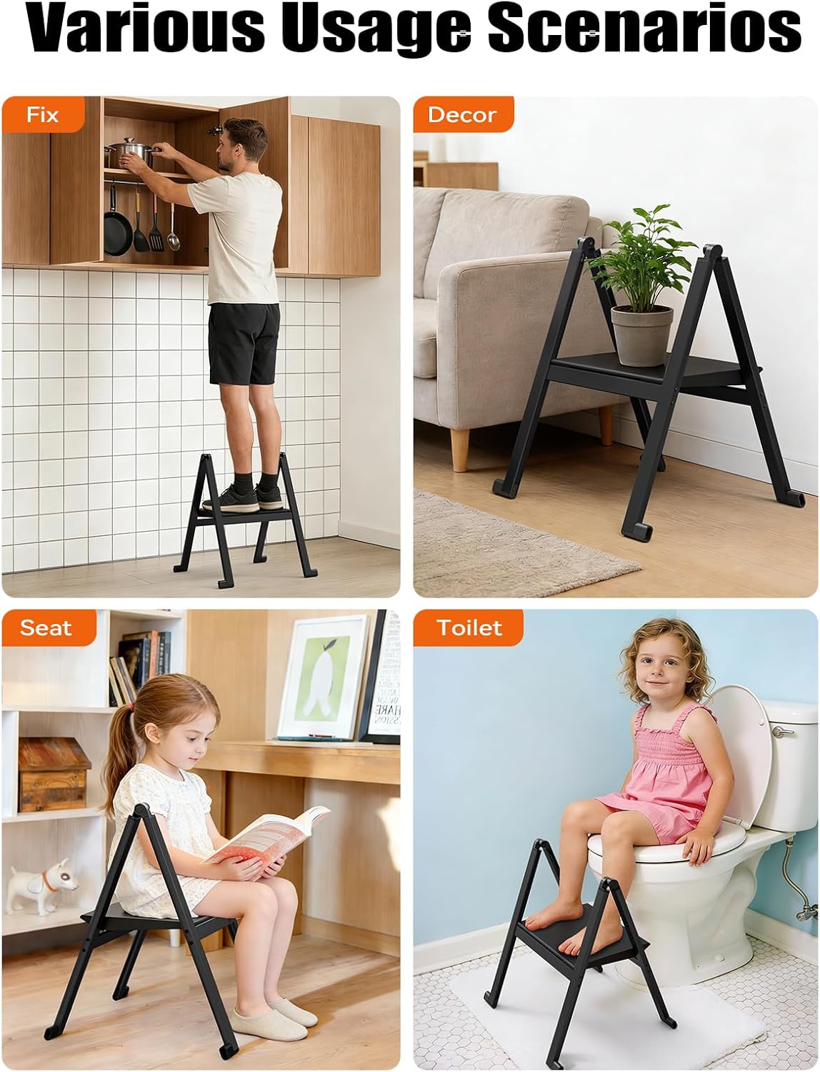 Folding Step Stool,Aluminum Ultra Thin Stool,400 Lbs Capacity Heavy Duty with Anti-Slip Sturdy and Wide Pedal,Closet Step Ladder for Home,Kitchen,Office and Dorm Bed (Black)