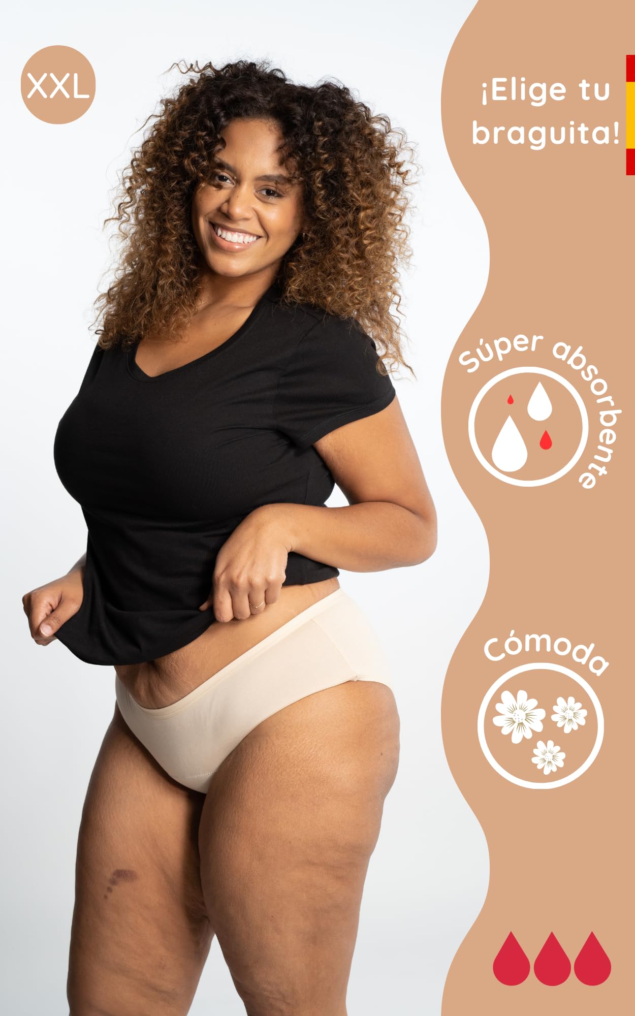 NoBlood - Kit de Inicio Braguitas Menstruales Shorty Flujo Abundante XXS-4XL - Paquete de 4 Bragas (2 x Negro, 1 x Rojo, 1 x Beige)