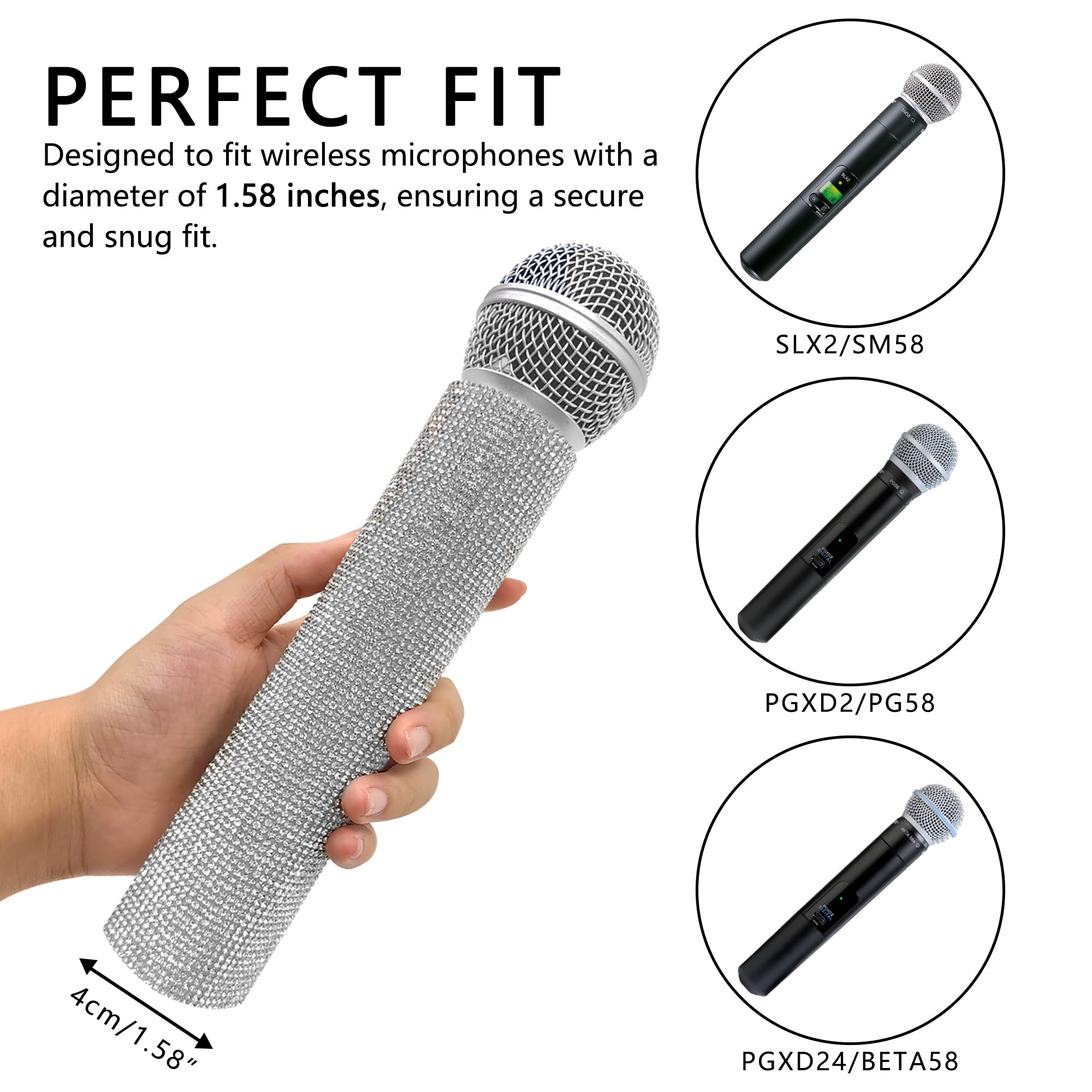Musiin Silver Sparkling Rhinestone Handle Cover for Wireless Microphone Decoration Round Diameter 1.58 Inch Wireless Microphone - Image 2