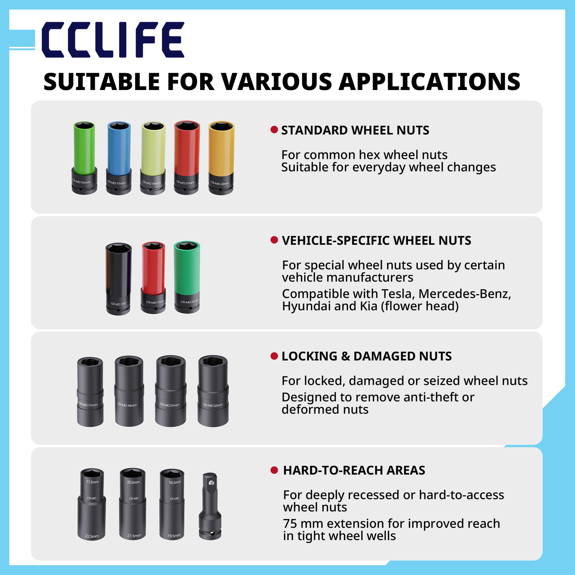 CCLIFE Set di 18 dadi per ruota da 1/2" – per Tesla, Mercedes, Hyundai – con protezione cerchione, acciaio Cr-Mo, codifica colore e funzione Twist