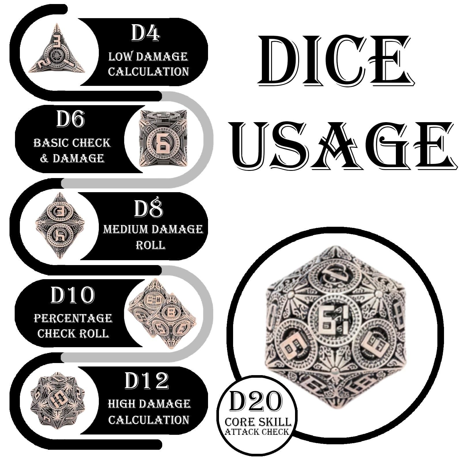 Juego de Dados de Metal Pesado de 7 Piezas para Juegos de rol, D&D, Pathfinder y Juegos de Mesa. Accesorios Duraderos para Juegos de Mesa con Peso y Tacto Profesionales.