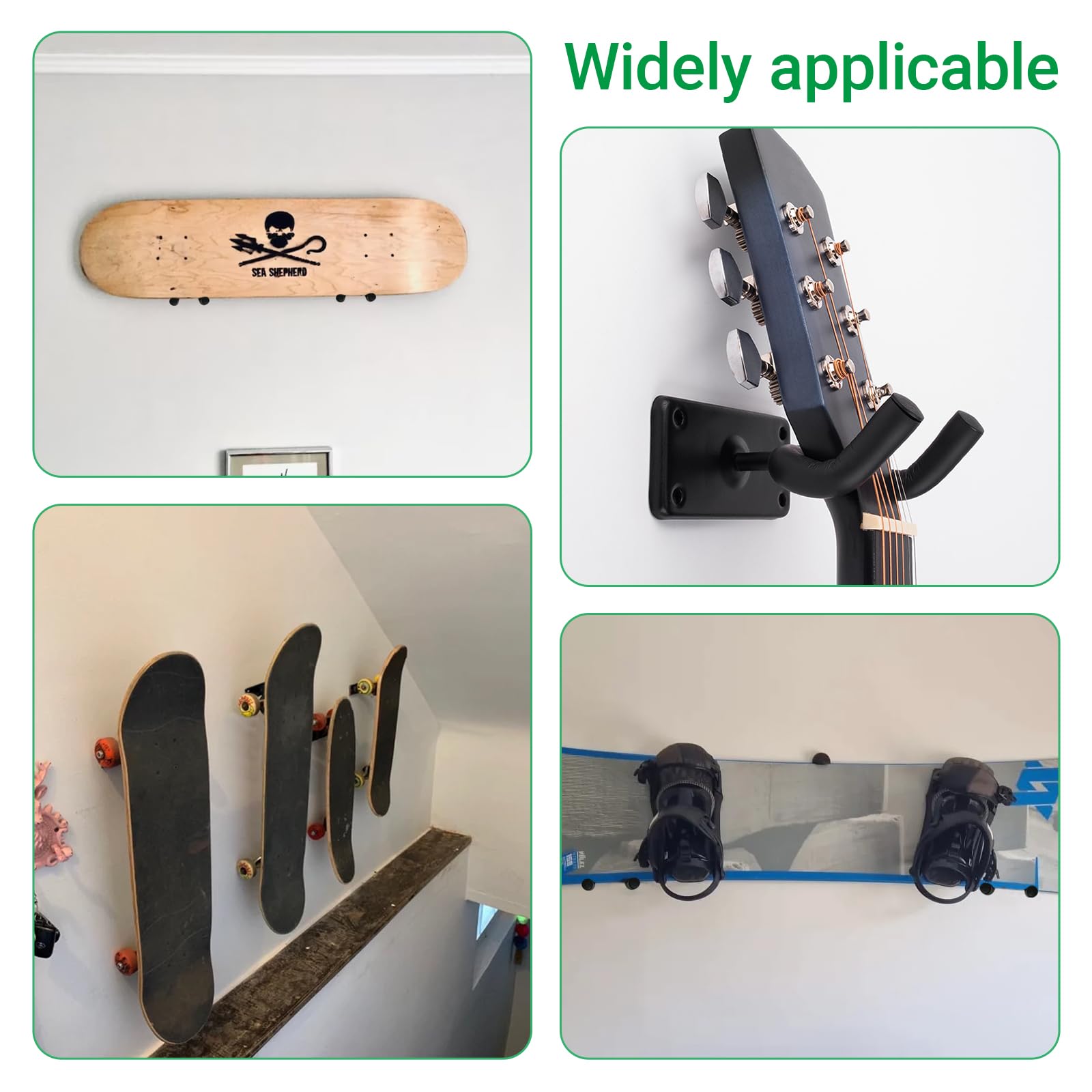 4 pacchetto Skateboard Hanger - Snowboard Wall Mount Rack, Storage Display Holder per Guitar Longboard Surfboard, completo con viti, capacità di carico massima 30 lbs