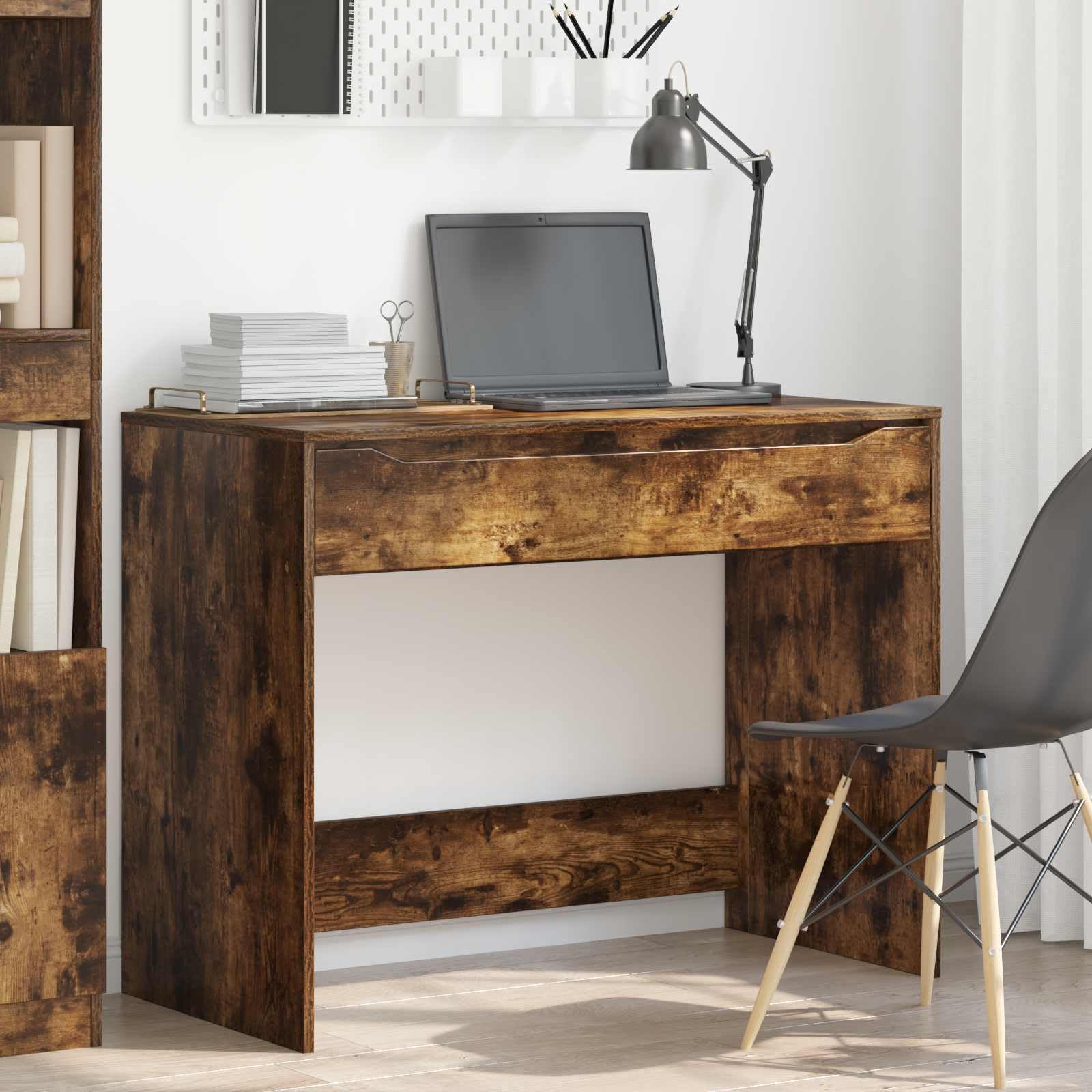 Escritorio con cajón de madera de roble ahumado, 100 x 50 x 78 cm, mesa de trabajo compacta con espacio de almacenamiento para oficina, oficina, estudio, ordenador portátil