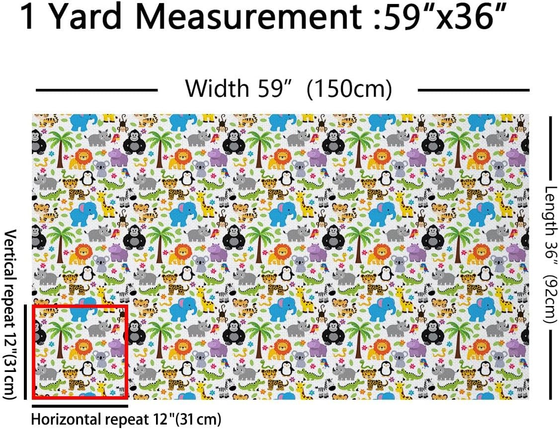 Cartoon Animals Fabric By The Yard, Colorful Zoo Upholstery Fabric, Tropical Plants Decor Fabric, Leopard Koala Lion Tiger Indoor Outdoor Fabric, Cute Kids DIY Waterproof Fabric, Green Red, 10 Yards