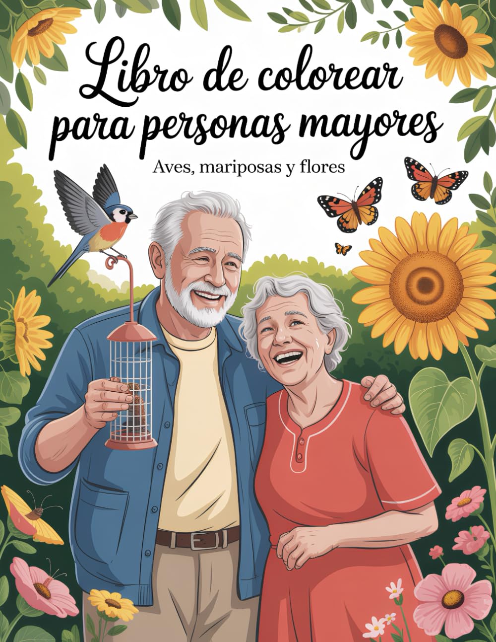 Libro de Colorear para Personas Mayores: Aves, Mariposas y Flores 50 Escenas Relajantes de la Naturaleza con Líneas Gruesas para Calmar la Mente y Despertar la Alegría